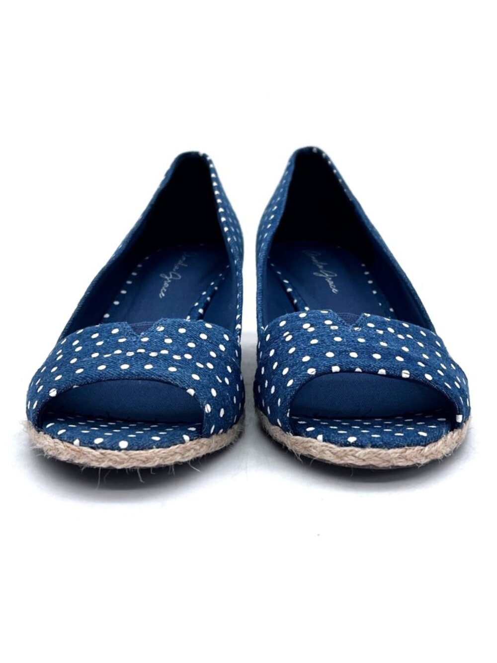 Amelia Grace Blue Polka Dot Open-Toe Wedge Shoes Braid Rope Detail Womens 9.5 - Picture 2 of 13